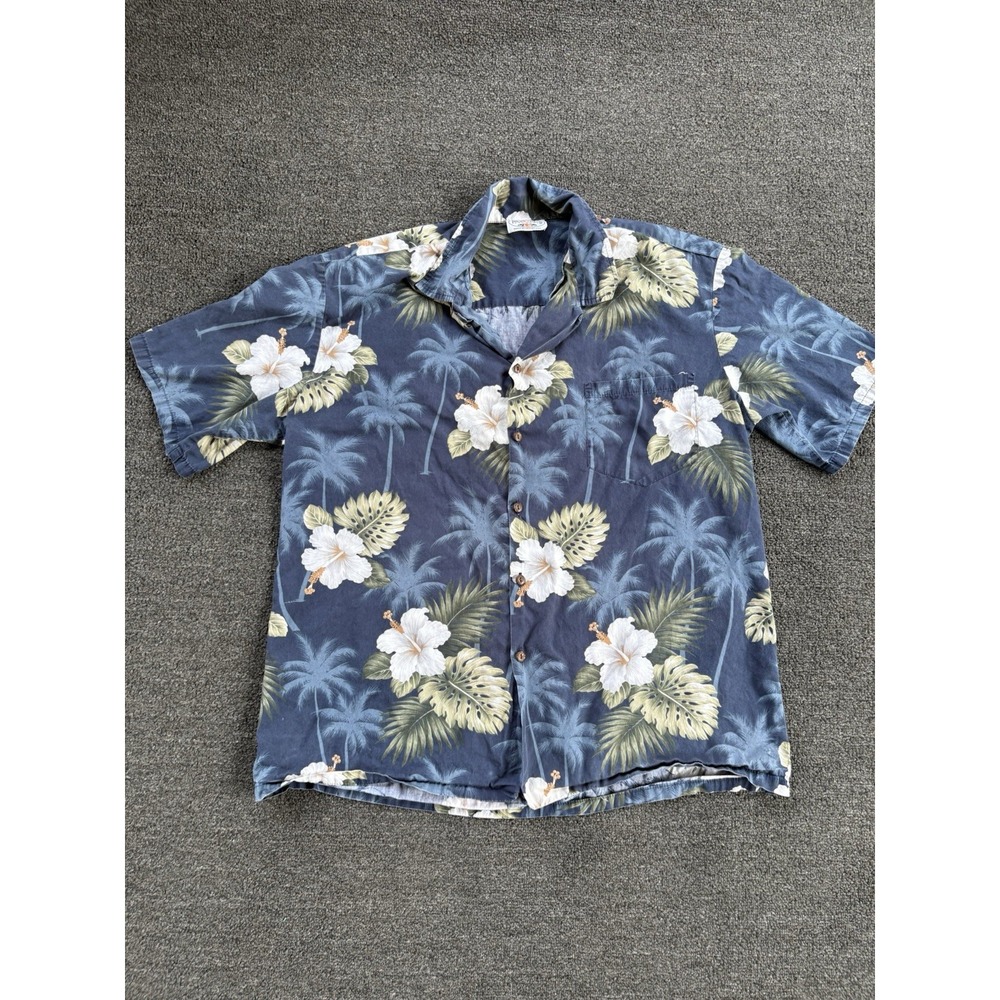 Pacific Legend Apparel Hawaiian Aloha Shirt Blue Hibiscus Palm Made In Hawaii L